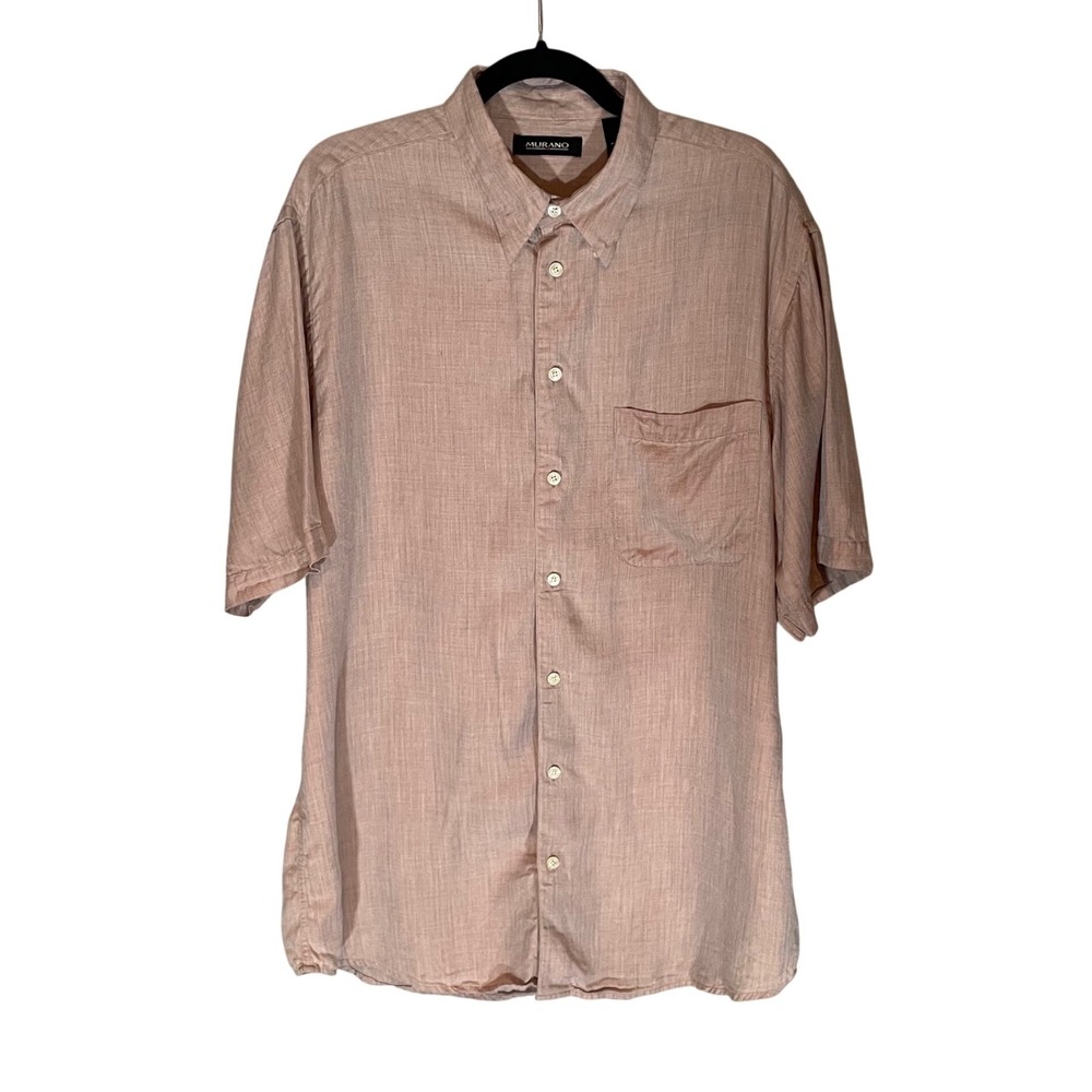 Murano Mens L Pink Tencel Herringbone Short Sleeve Button Down Buttery Soft